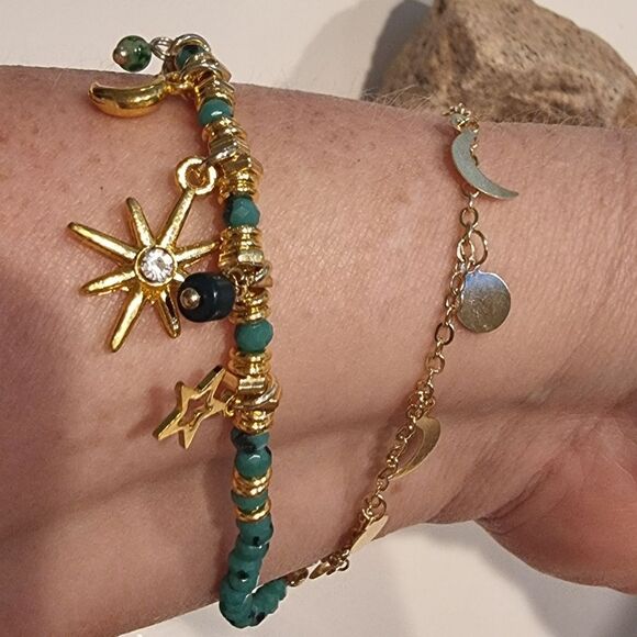 New Free People Gold And Blue Celetial Charm Bracelet Moon Sun Stars - Picture 2 of 8